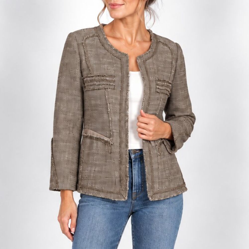 LONE Jung Wook Jun 77 Beige Tweed Fringe Trim Designer Jacket Blazer
